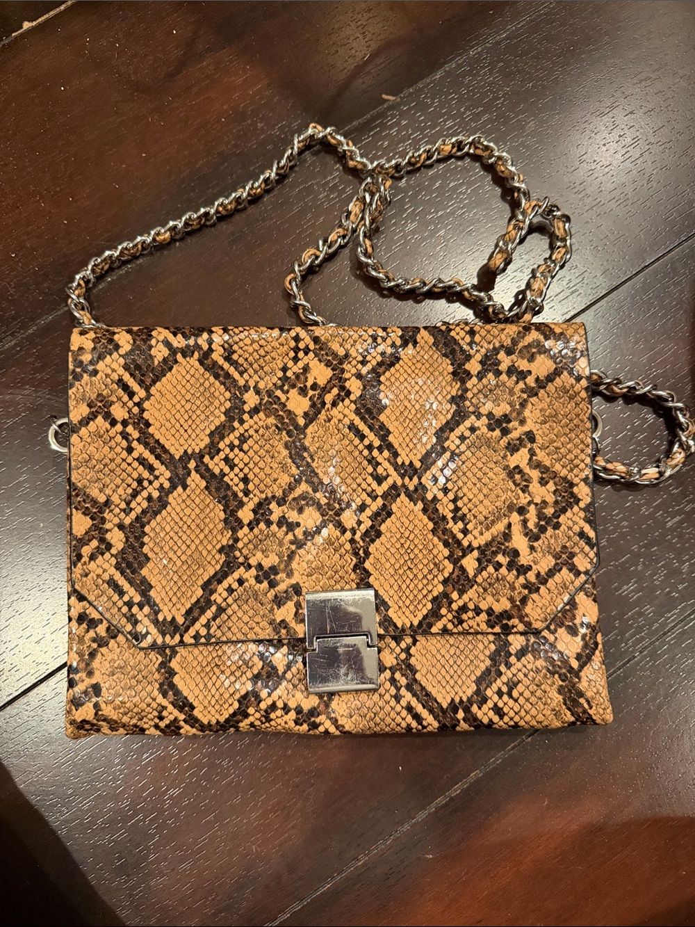 Zara Tan and Black Snake-Print Crossbody Bag with Chain Strap
